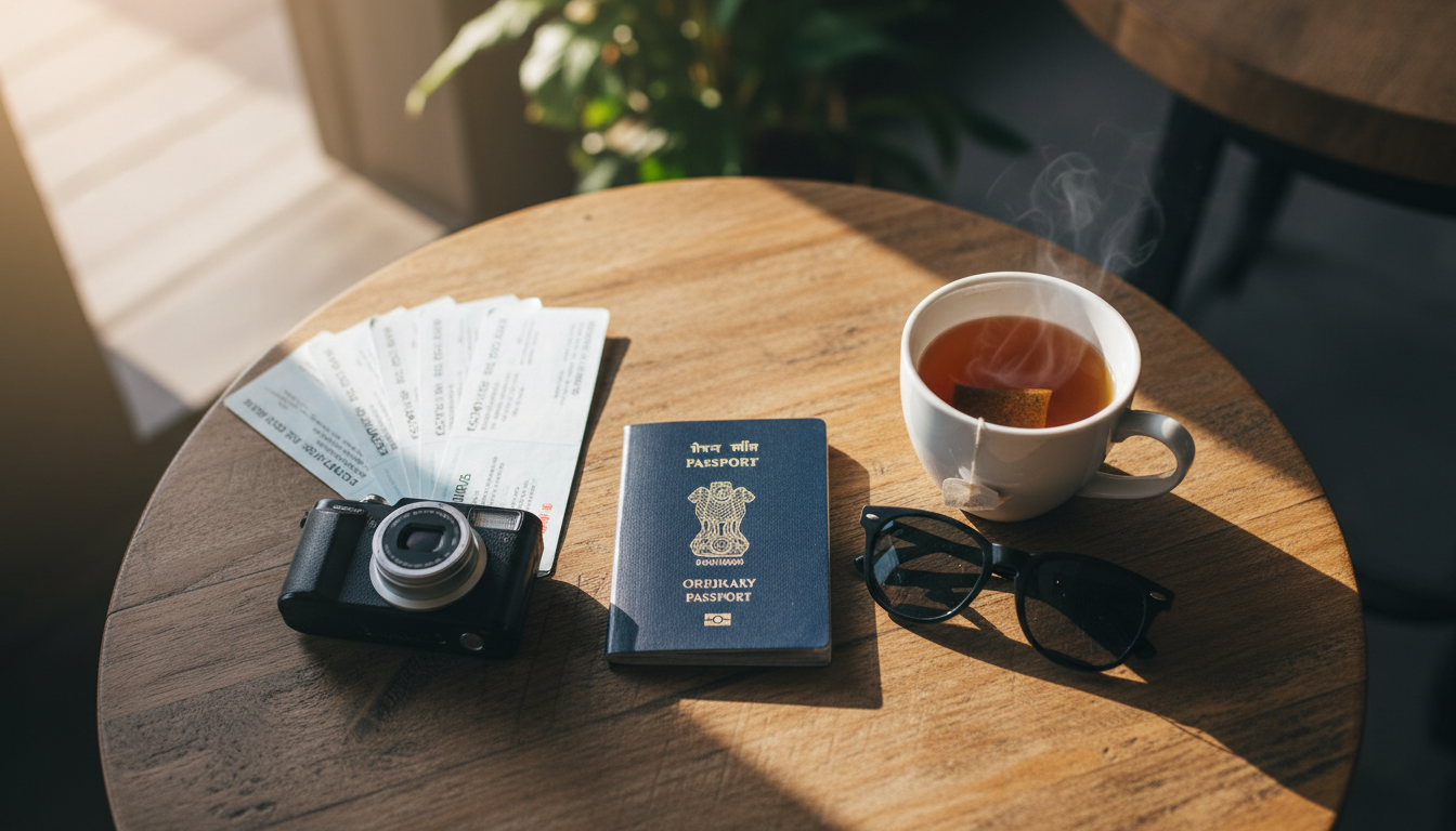 An Indian passport and organized paper travel documents laid out on a wooden table.