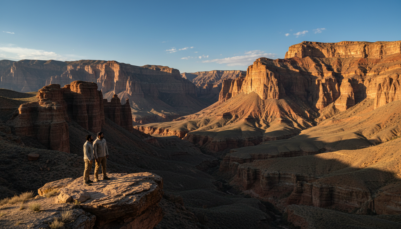Indian couple standing on a cliff edge looking across the expansive red rock cliffs of Charyn Canyon.
