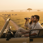 An Indian couple in an open safari vehicle watching wildlife on the golden Kenyan savannah at sunrise.