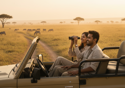 An Indian couple in an open safari vehicle watching wildlife on the golden Kenyan savannah at sunrise.