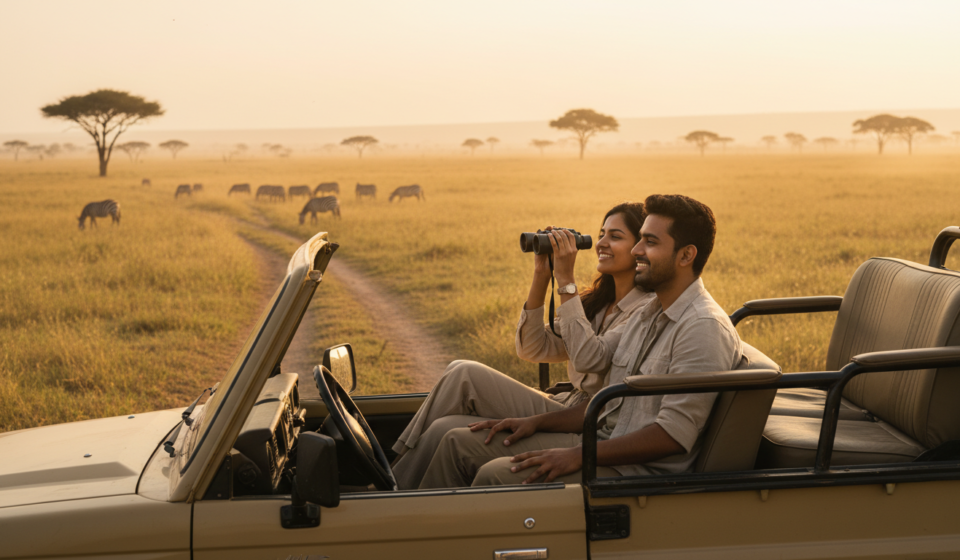 An Indian couple in an open safari vehicle watching wildlife on the golden Kenyan savannah at sunrise.