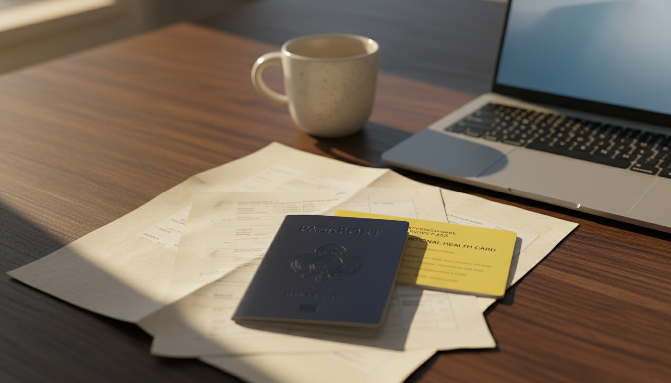 Flat-lay of an open passport, yellow vaccination booklet, and travel documents on a wooden desk.
