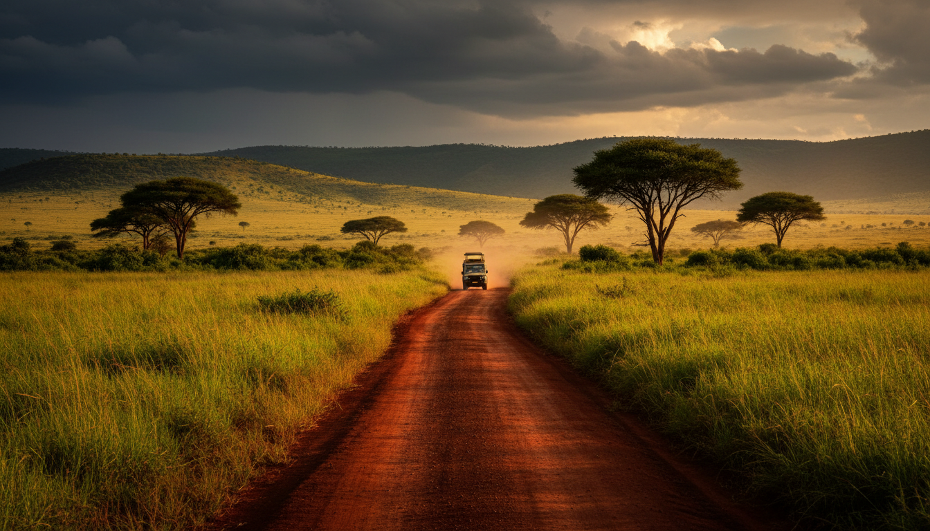 A dusty red dirt road winding through acacia trees and open grassland in the East African savanna.