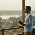 A traveler holding a dark blue Indian passport and printed travel papers near the Mekong River in Laos.