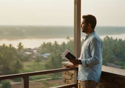 A traveler holding a dark blue Indian passport and printed travel papers near the Mekong River in Laos.