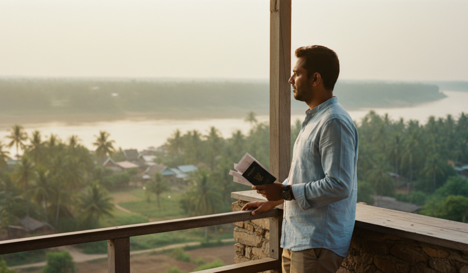 Laos Visa for Indian Passport Holders: eVisa & VoA Rules (2026) A traveler holding a dark blue Indian passport and printed travel papers near the Mekong River in Laos.