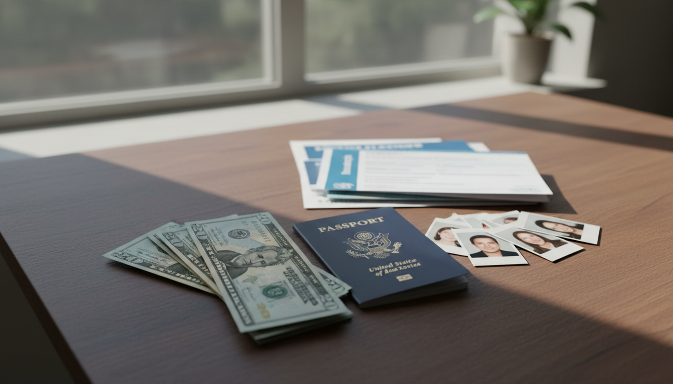 Laos Visa for Indian Passport Holders: eVisa & VoA Rules (2026) 1 Clean US dollar bills, passport photographs, and travel documents laid out neatly on a wooden table.