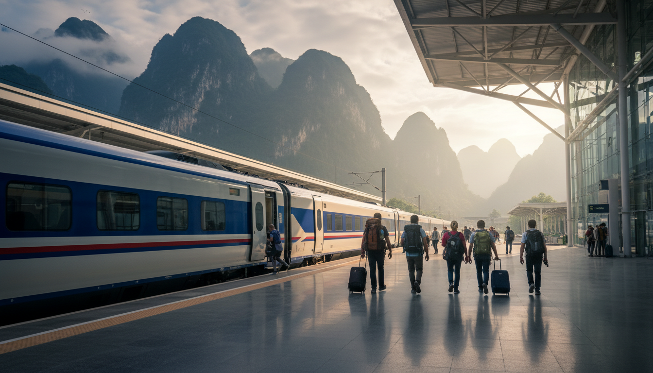 Laos Visa for Indian Passport Holders: eVisa & VoA Rules (2026) 2 A passenger train resting at a railway station surrounded by mist-covered green mountains in Laos.