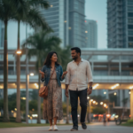 An Indian couple walking along a Kuala Lumpur city street at dusk with modern skyscrapers glowing in the background.