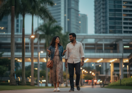 An Indian couple walking along a Kuala Lumpur city street at dusk with modern skyscrapers glowing in the background.