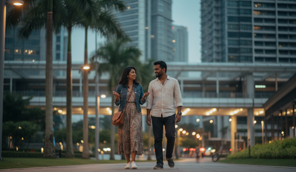 An Indian couple walking along a Kuala Lumpur city street at dusk with modern skyscrapers glowing in the background.