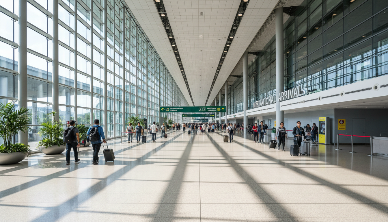 Travelers pulling luggage through a spacious, glass-walled arrival terminal at Kuala Lumpur International Airport.