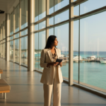 A traveller standing in Malé airport holding a passport and phone while looking at the ocean.
