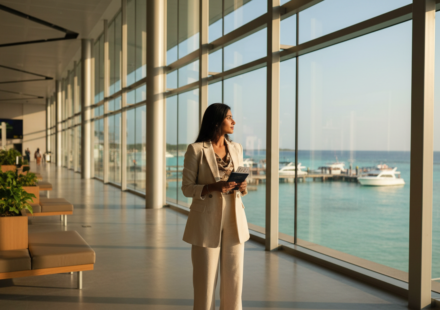 A traveller standing in Malé airport holding a passport and phone while looking at the ocean.