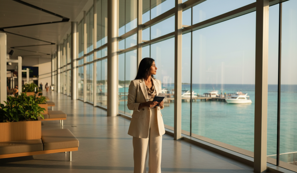 A traveller standing in Malé airport holding a passport and phone while looking at the ocean.