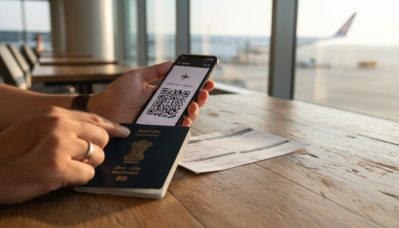 Hands holding an Indian passport and a smartphone displaying a digital entry QR code.