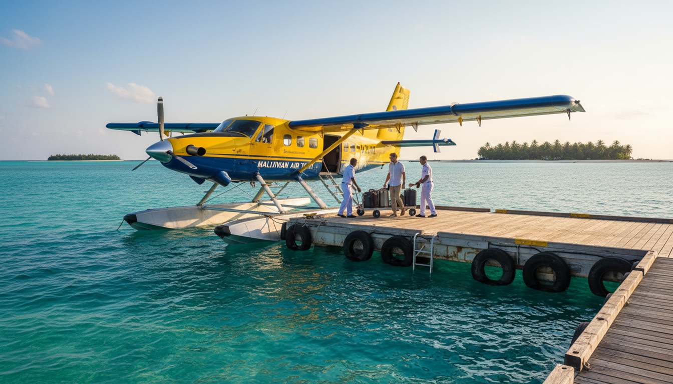 A yellow and blue seaplane docked on a wooden pontoon in bright turquoise lagoon water.