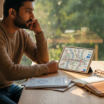 An Indian traveler organizing printed bank statements and a tablet showing a Tokyo rail map at a sunlit wooden desk.