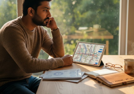 An Indian traveler organizing printed bank statements and a tablet showing a Tokyo rail map at a sunlit wooden desk.