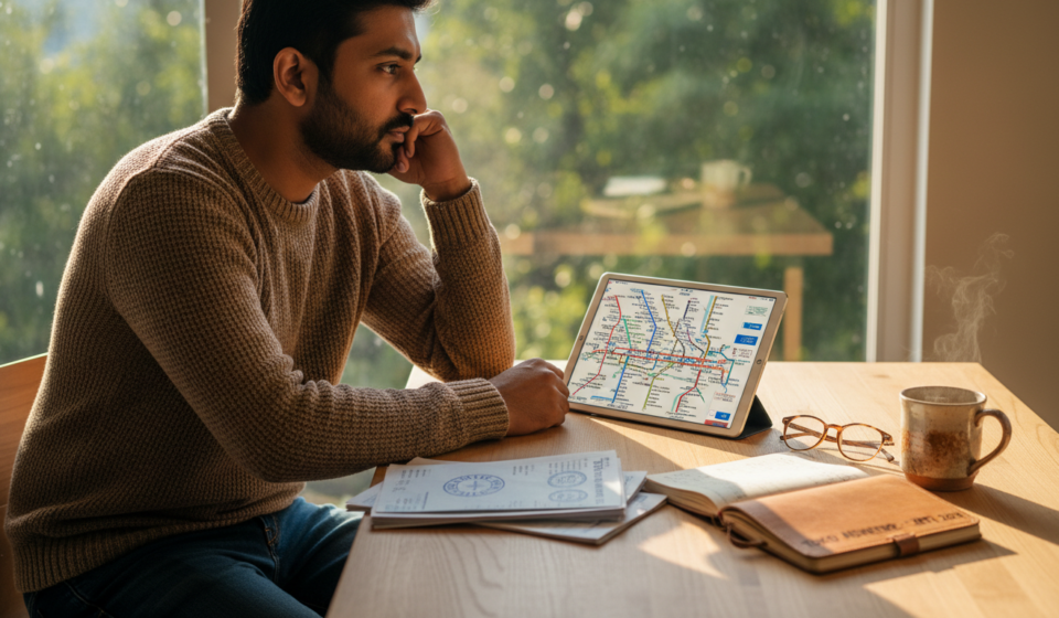 An Indian traveler organizing printed bank statements and a tablet showing a Tokyo rail map at a sunlit wooden desk.