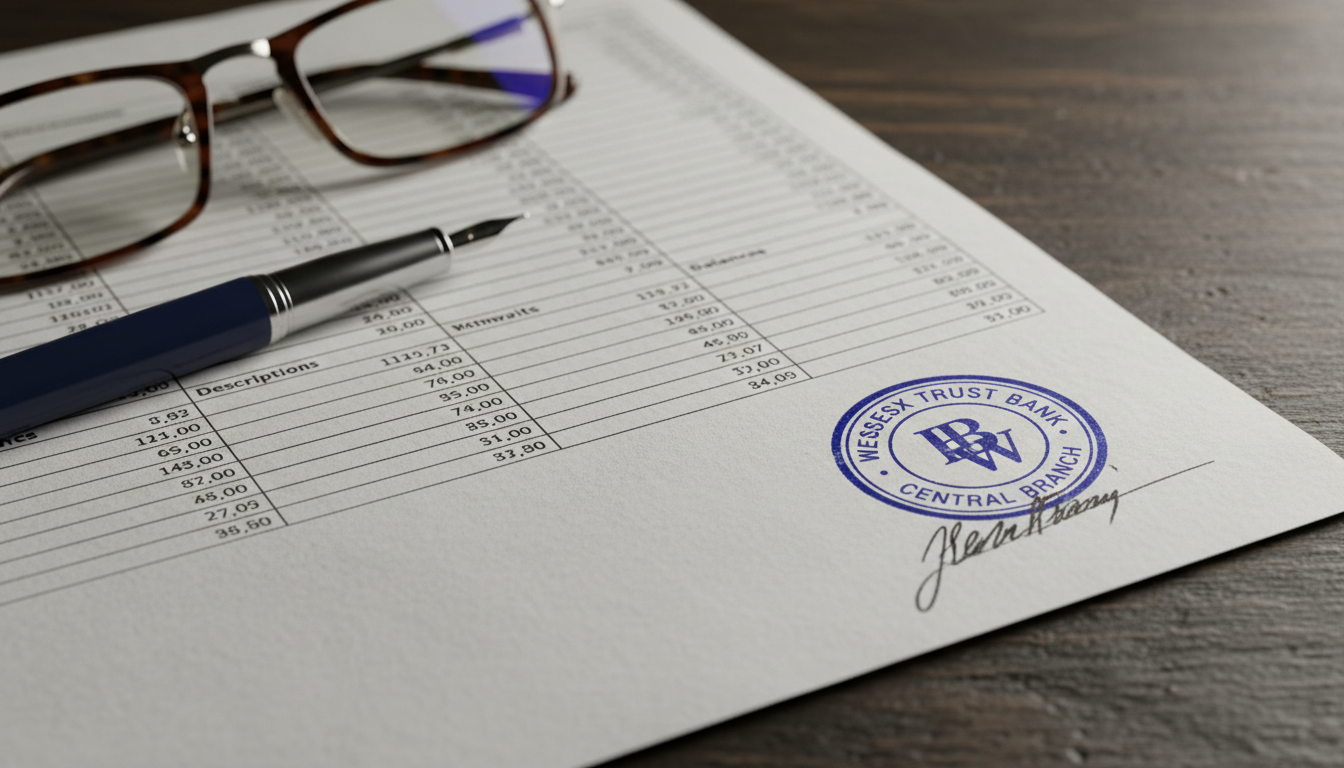 A close-up of a printed paper bank statement bearing a blue official bank branch seal and signature.