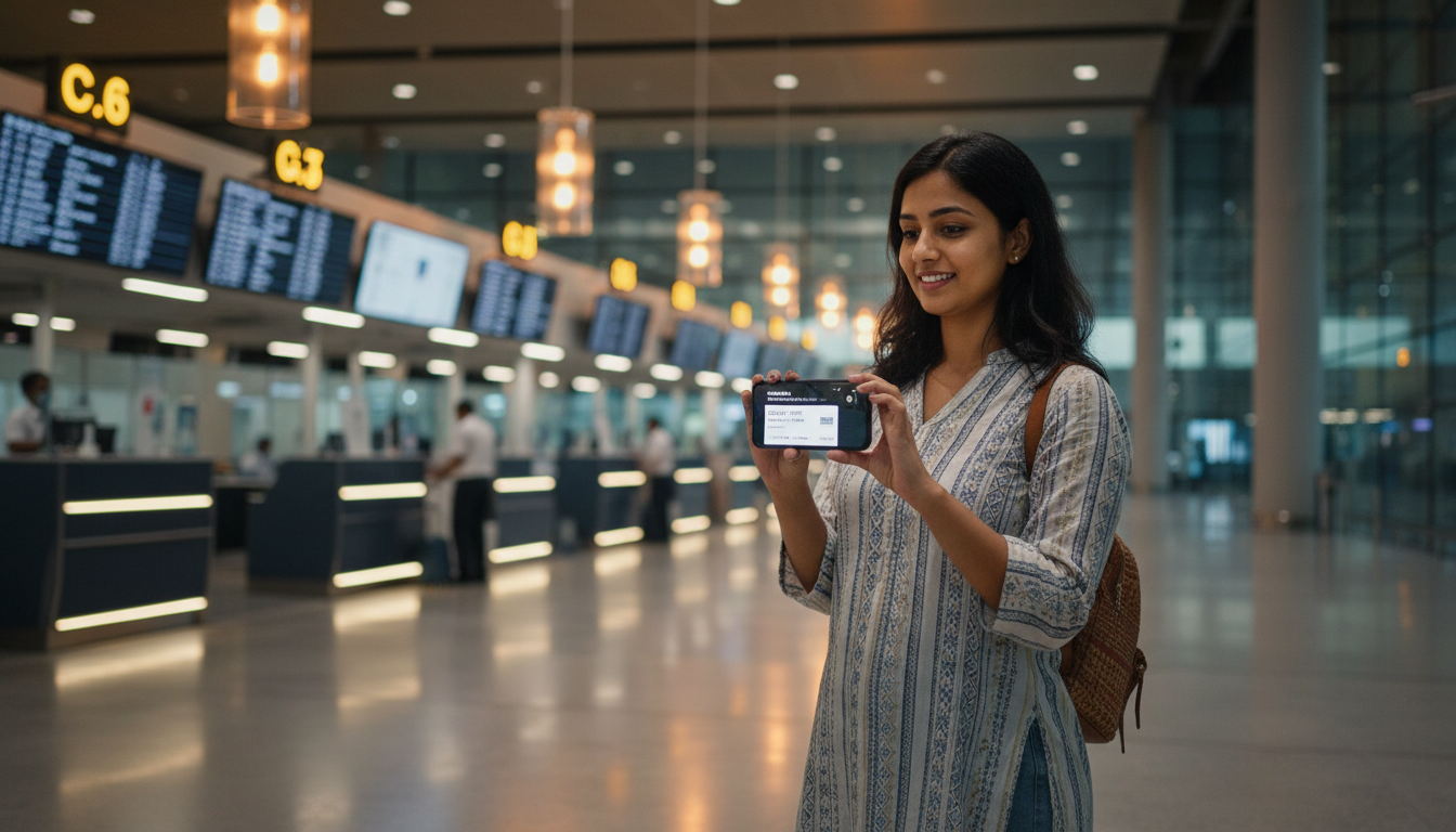 A traveler holding a smartphone showing a live browser window inside a modern airport terminal lobby.