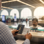 A traveller handing over an Indian passport and Voter ID at an airport immigration counter.