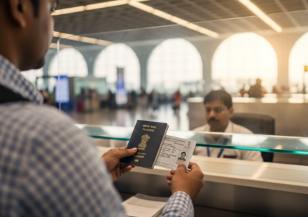 A traveller handing over an Indian passport and Voter ID at an airport immigration counter.