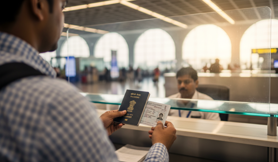 A traveller handing over an Indian passport and Voter ID at an airport immigration counter.