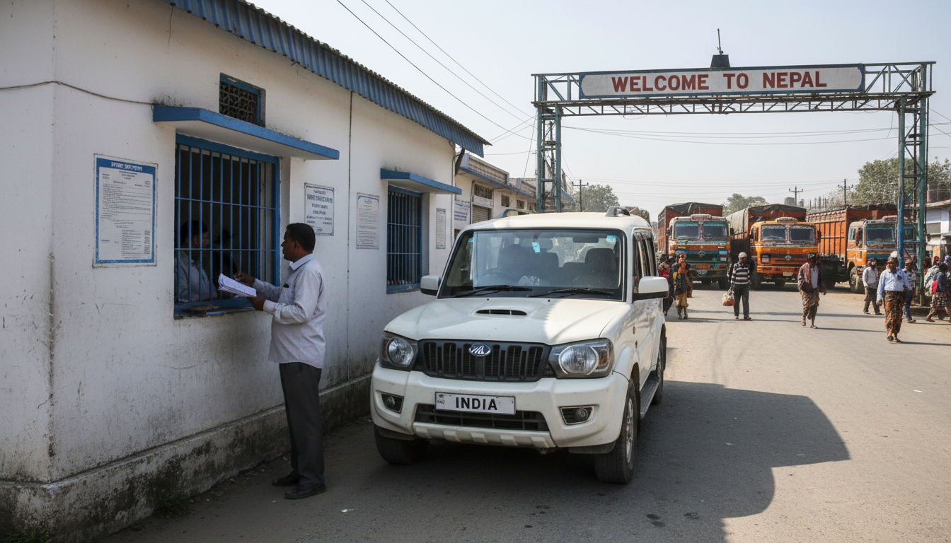 An Indian SUV parked outside a border customs building while the driver completes vehicle clearance paperwork.