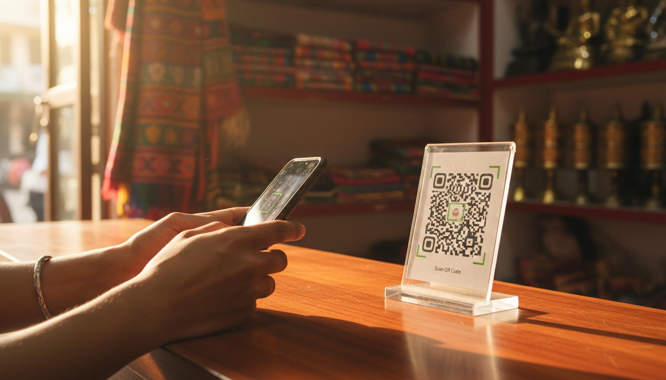 Hands holding a smartphone to scan a QR code counter stand inside a store in Pokhara.