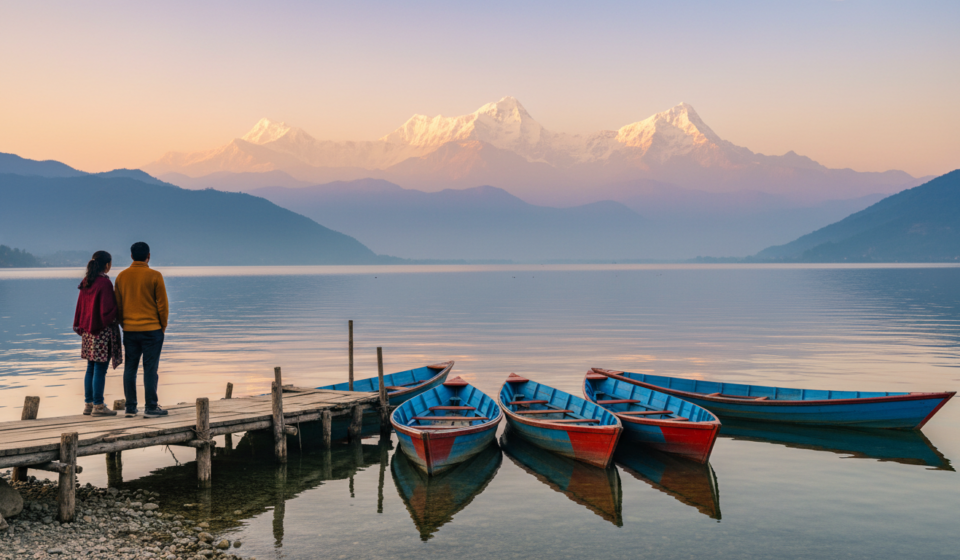 Colorful wooden boats resting on Phewa Lake in Pokhara with the snow-capped Annapurna mountain range in the background.