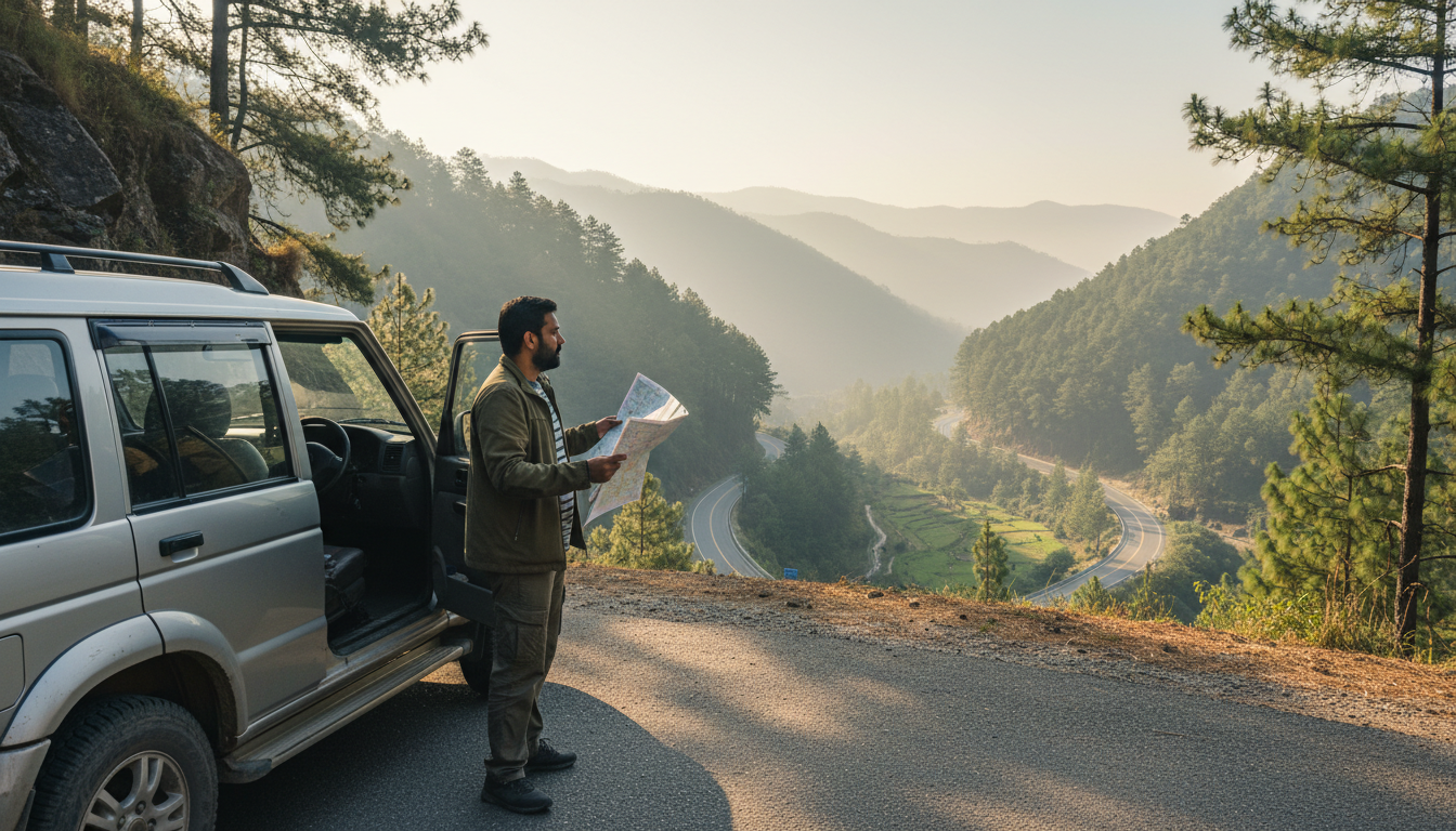 A traveler standing by an SUV on a mountain highway overlooking green Nepalese hills while reviewing paper permits.