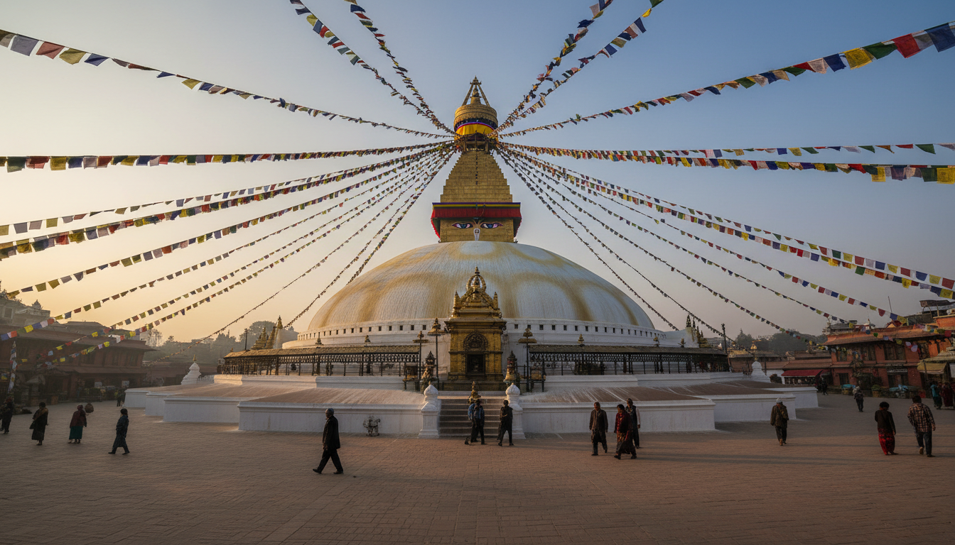 The large white dome and golden spire of Boudhanath Stupa in Kathmandu framed by colorful prayer flags at sunrise.