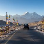 An SUV driving along a winding mountain road decorated with prayer flags near snow-covered peaks.