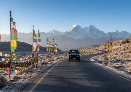 An SUV driving along a winding mountain road decorated with prayer flags near snow-covered peaks.