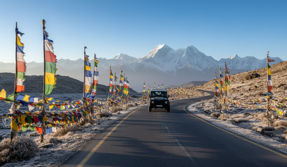 An SUV driving along a winding mountain road decorated with prayer flags near snow-covered peaks.