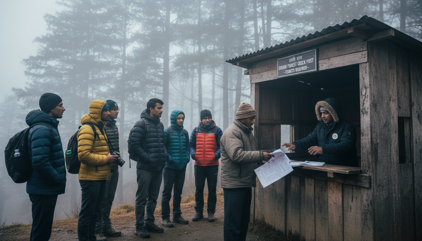 A tourist driver showing printed paper permits to an official at a foggy mountain checkpost in Sikkim.
