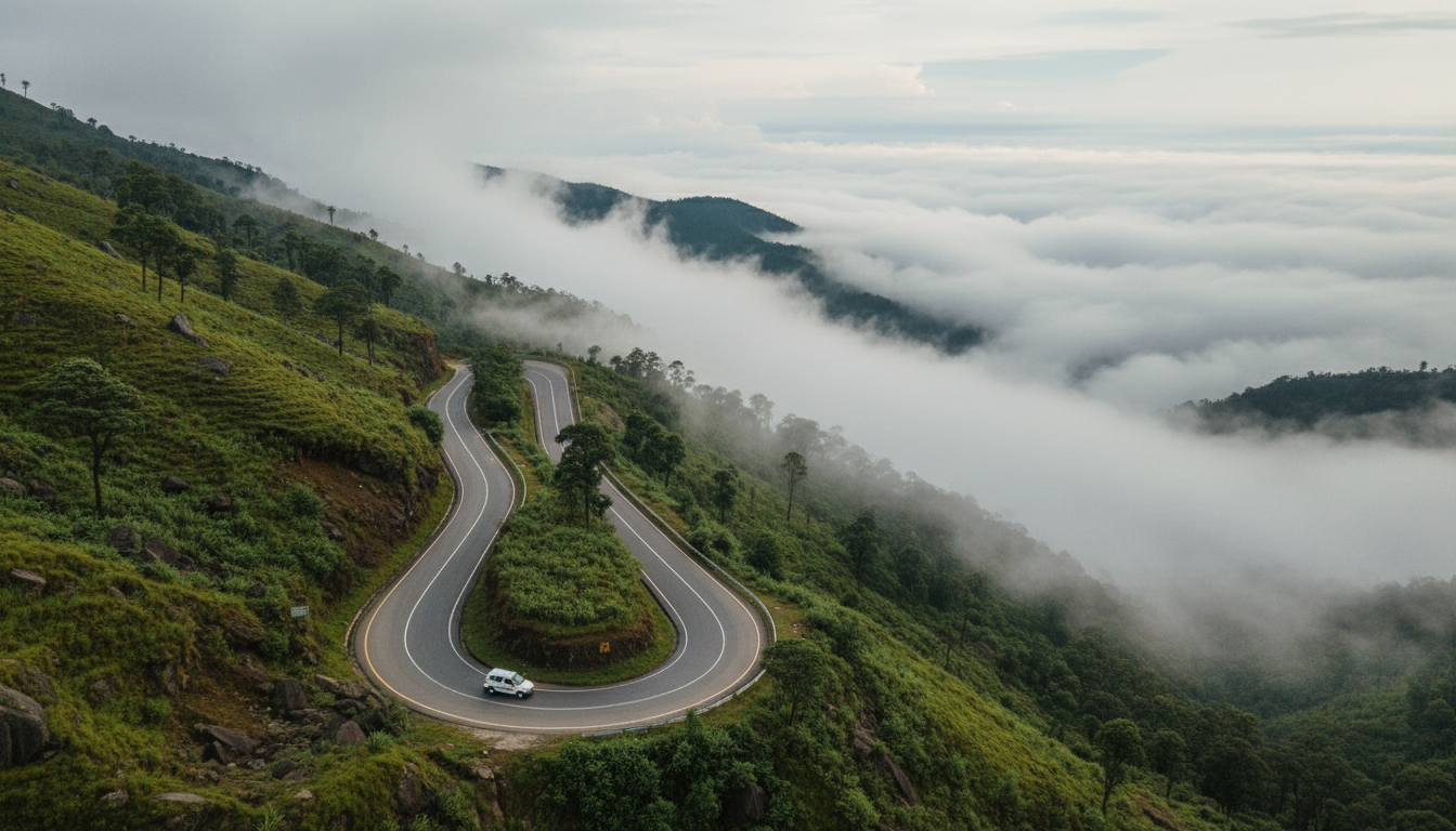 A white tourist car driving along a winding two-lane hill road surrounded by dense green valleys and mist.