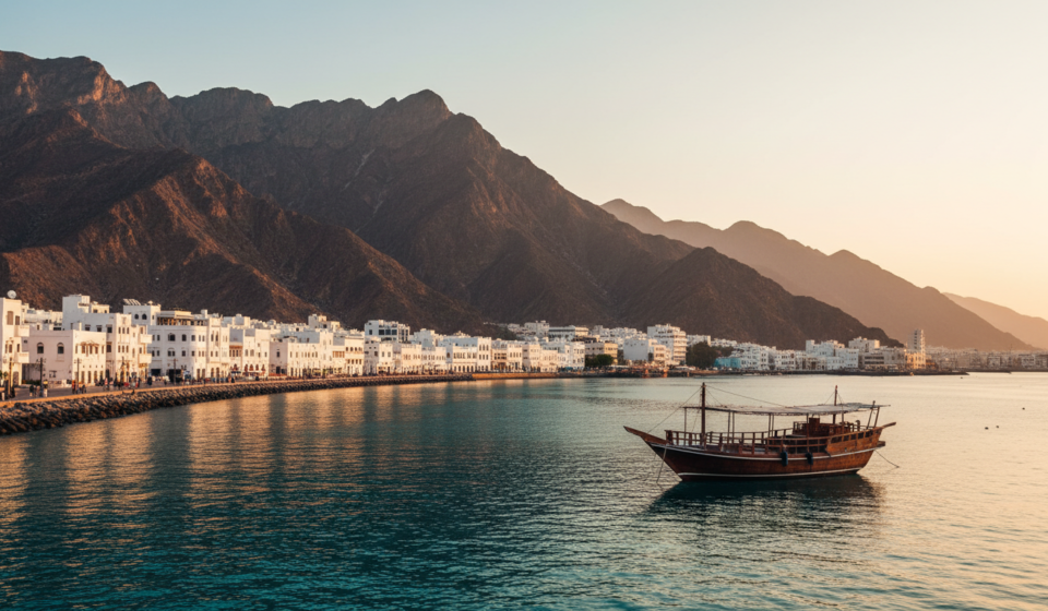 White Omani coastal buildings and mountains along Mutrah Corniche in Muscat under a clear golden hour sky.