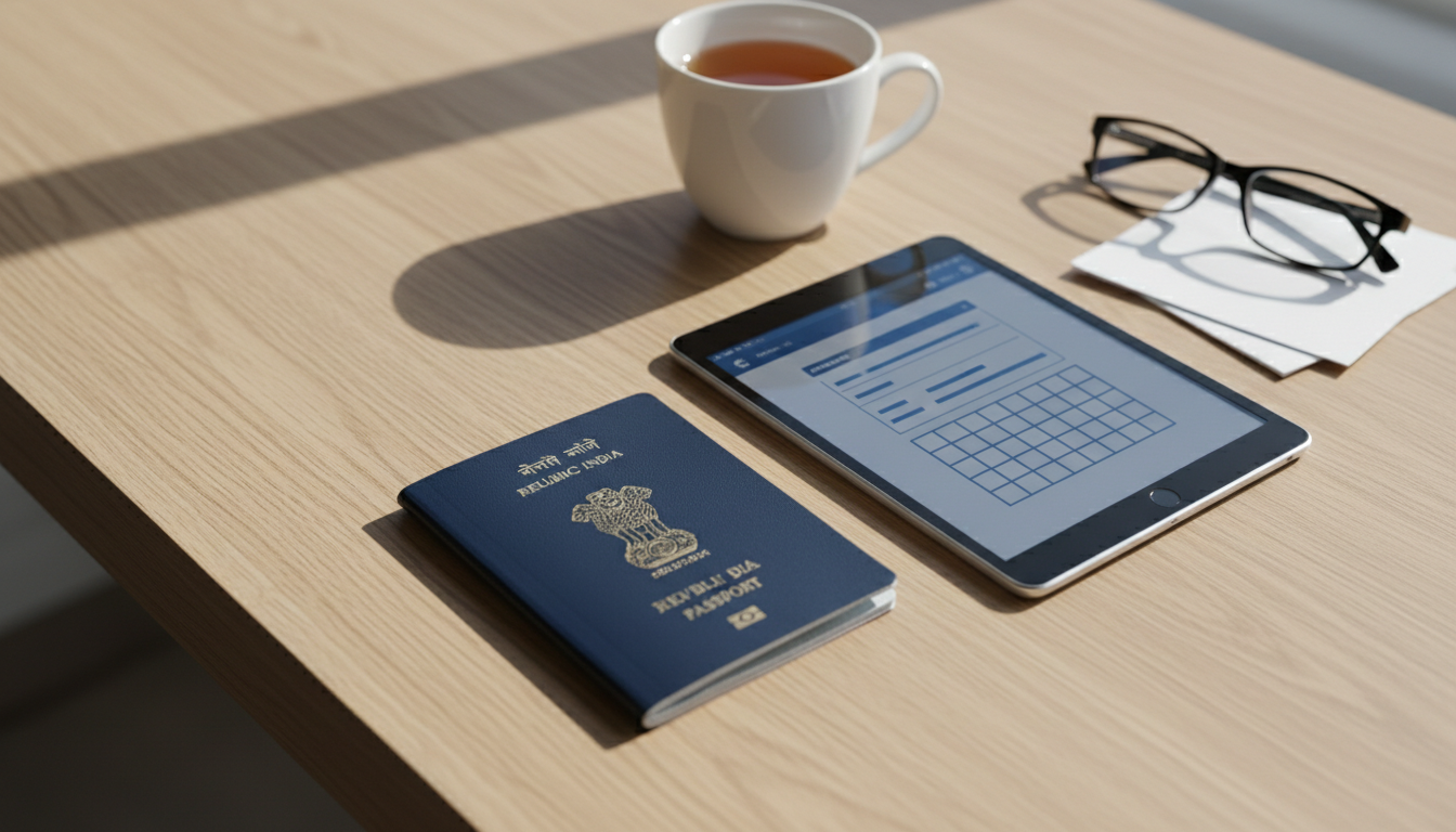 An Indian passport resting on a light wooden table beside a tablet, notebook, and pen.