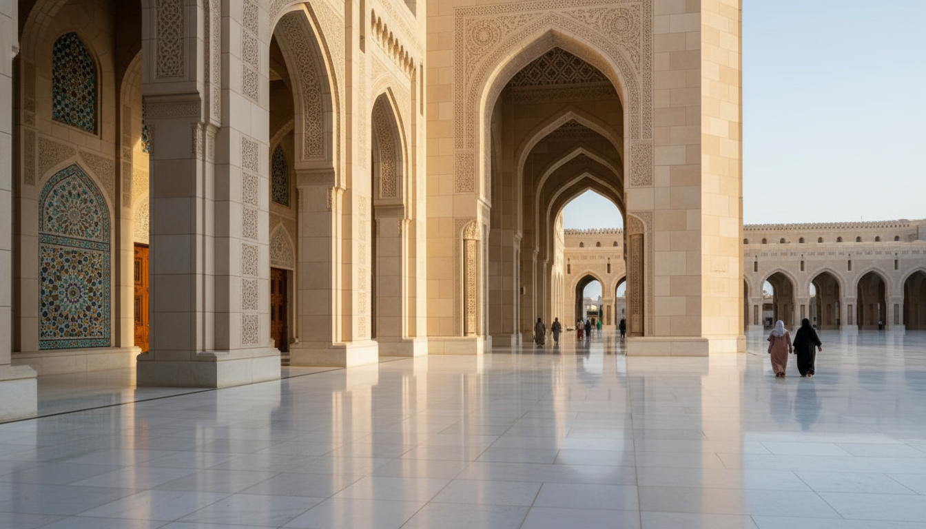Marble courtyard and arched arcades of Sultan Qaboos Grand Mosque illuminated by soft morning sunlight in Muscat.