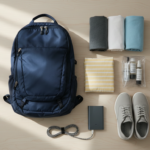 An open travel backpack surrounded by neatly packed clothes, clear toiletry pouch, power bank, and shoes on a table.