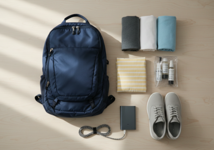 An open travel backpack surrounded by neatly packed clothes, clear toiletry pouch, power bank, and shoes on a table.