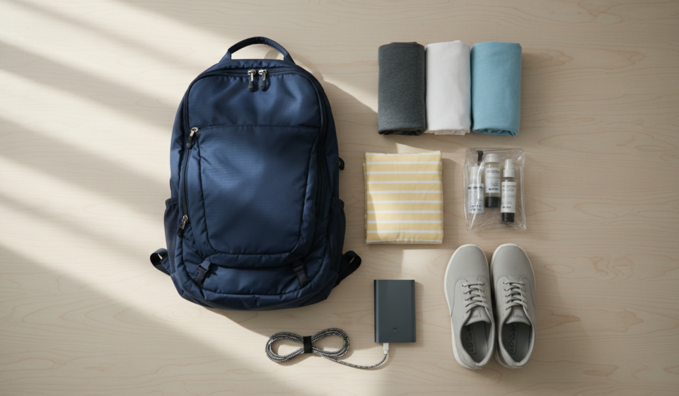 Packing List for a 3-Night Trip: Essential Weekend Checklist An open travel backpack surrounded by neatly packed clothes, clear toiletry pouch, power bank, and shoes on a table.