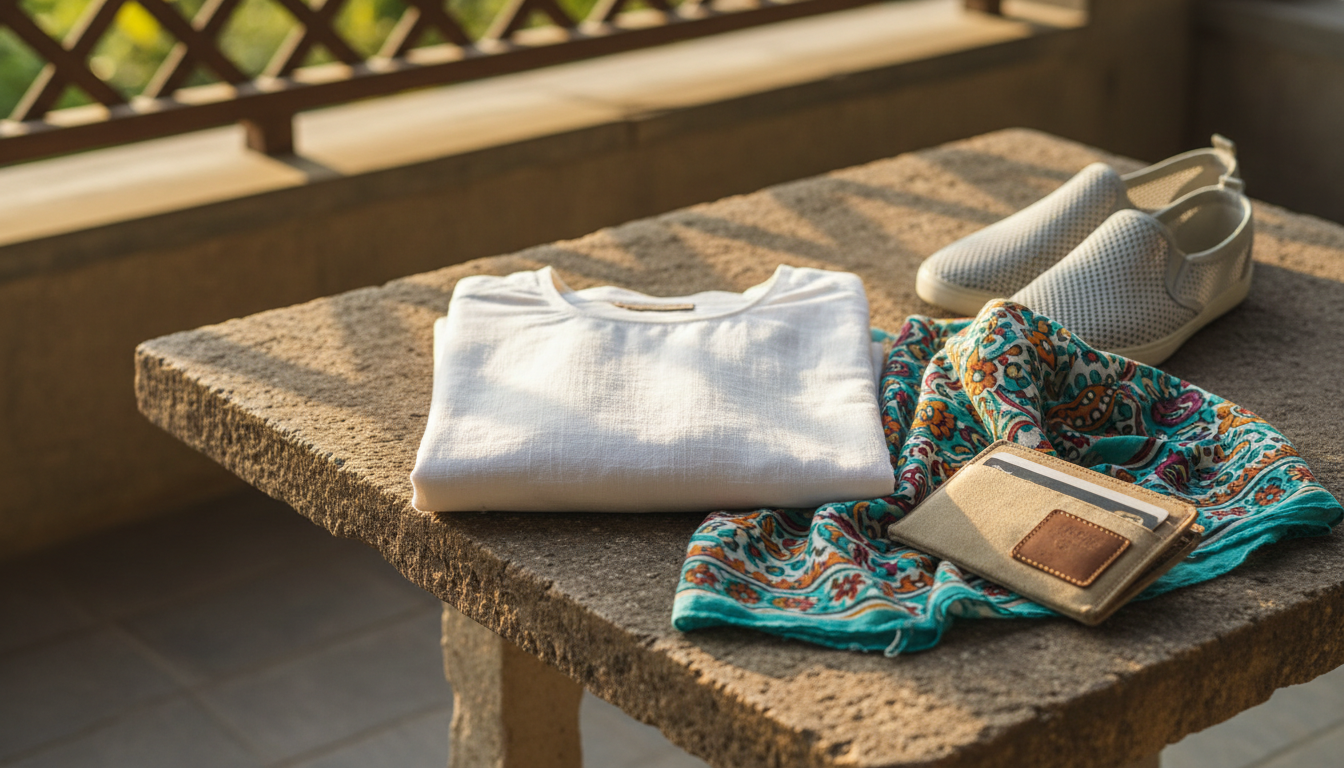 Packing List for a 3-Night Trip: Essential Weekend Checklist 2 Folded white cotton kurta, woven stole, canvas wallet, and fabric slip-on shoes on a sunlit stone table.