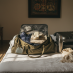 An open travel bag on a bed packed with layered winter items, a light linen shirt, and wool socks.