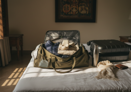 An open travel bag on a bed packed with layered winter items, a light linen shirt, and wool socks.