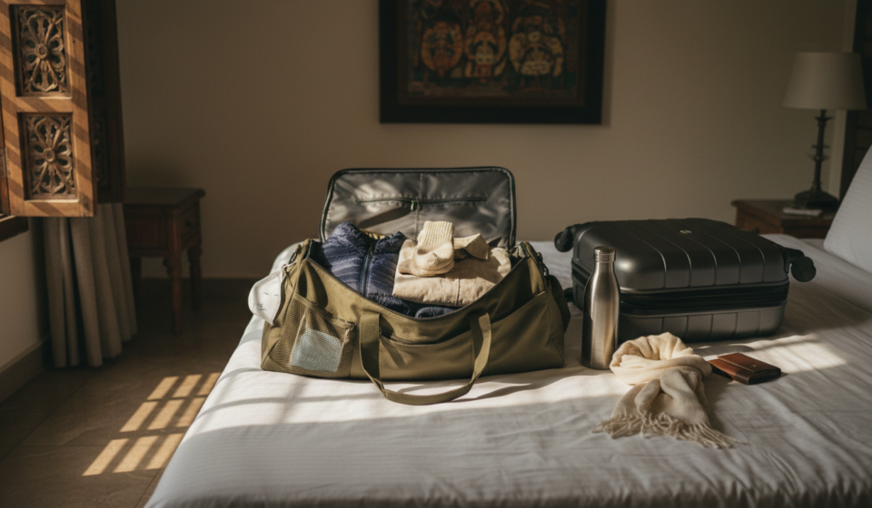 An open travel bag on a bed packed with layered winter items, a light linen shirt, and wool socks.