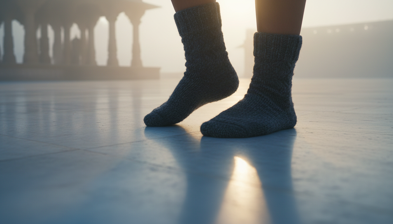Traveler walking in thick woolen socks on cold white marble at an Indian temple complex during foggy sunrise.